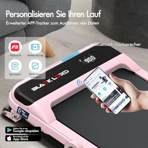 Rosa Laufband mit Bluetooth-Lautsprecher und Handy-App-Steuerung.