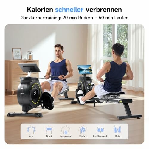 Zwei Männer trainieren auf Rudergeräten in einem hellen Raum.