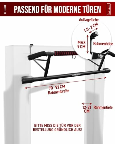 Klimmzugstange für Türrahmen mit Maßen und Anleitung.
