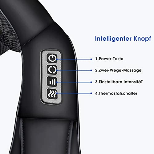 Steuerungstasten eines Massagegeräts mit Beschriftungen auf Deutsch.