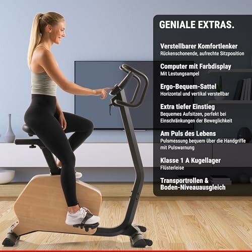 Frau auf einem Heimtrainer mit Funktionen.